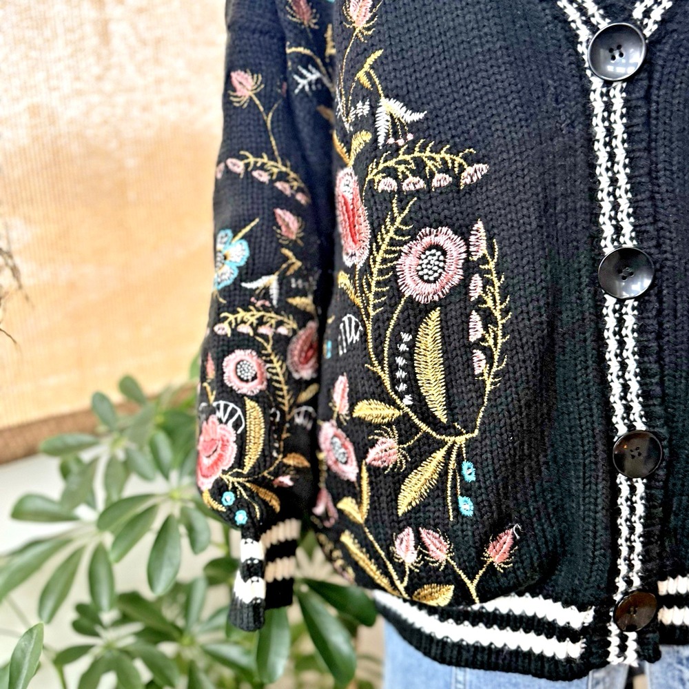L'Atiste‎ Embroidered Knit Cardigan Jacket Women's S Oversized Floral Boho - Picture 2 of 14